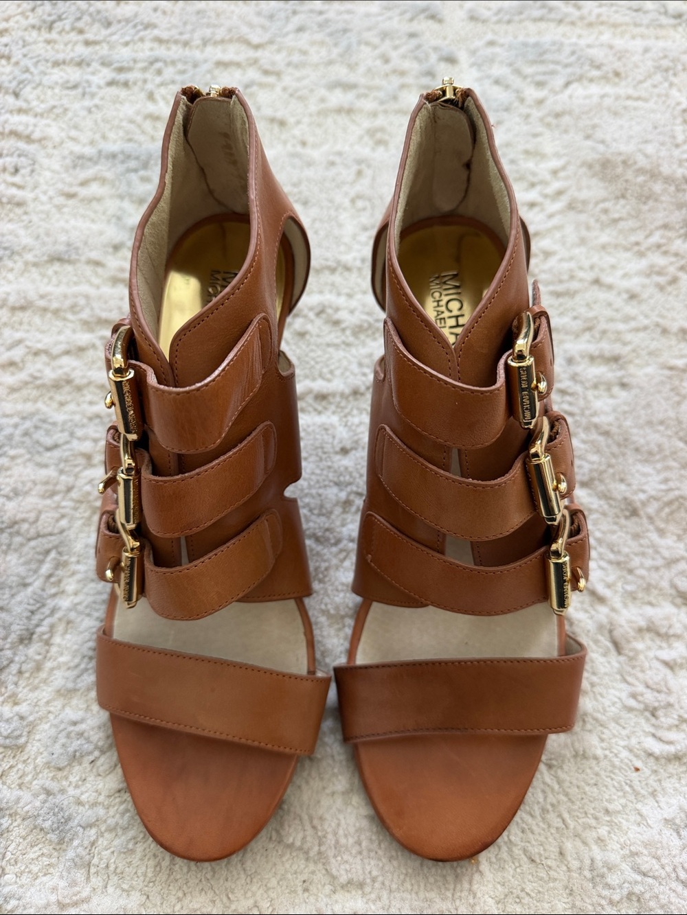 Michael Kors Brown Leather Strappy Heeled Sandals with Gold Buckles